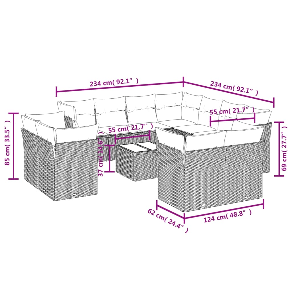 12-delige Loungeset met kussens poly rattan