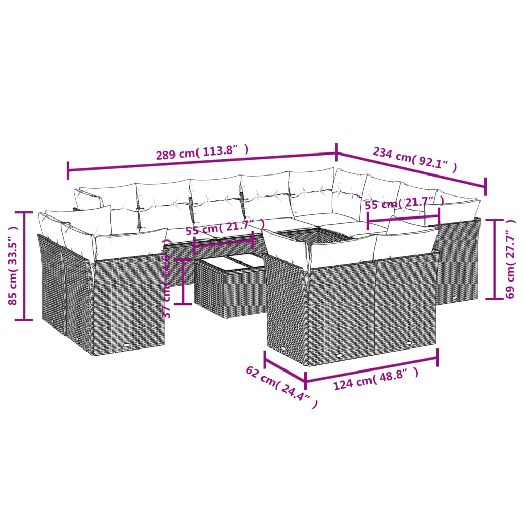 13-delige Loungeset met kussens poly rattan beige