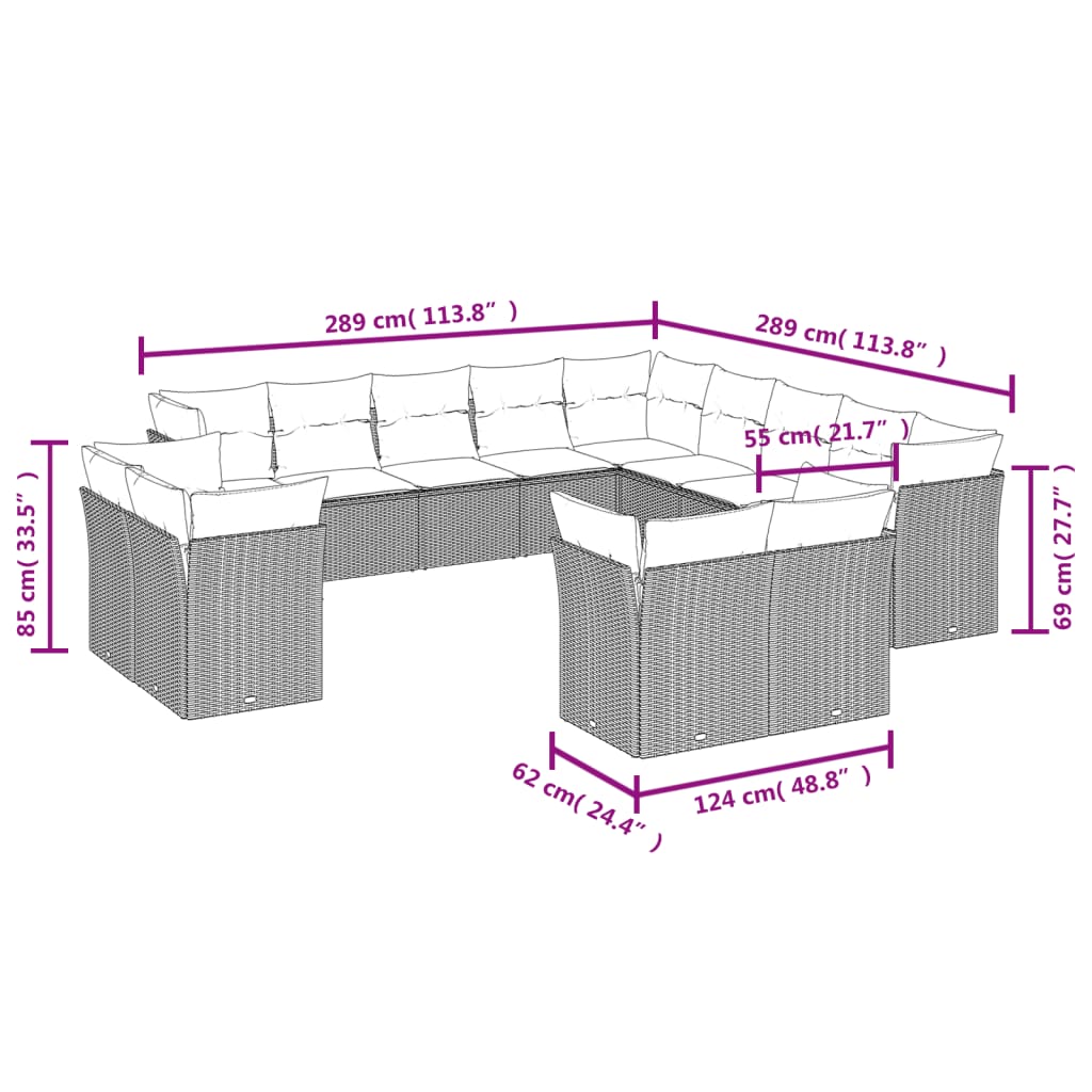 13-delige Loungeset met kussens poly rattan lichtgrijs