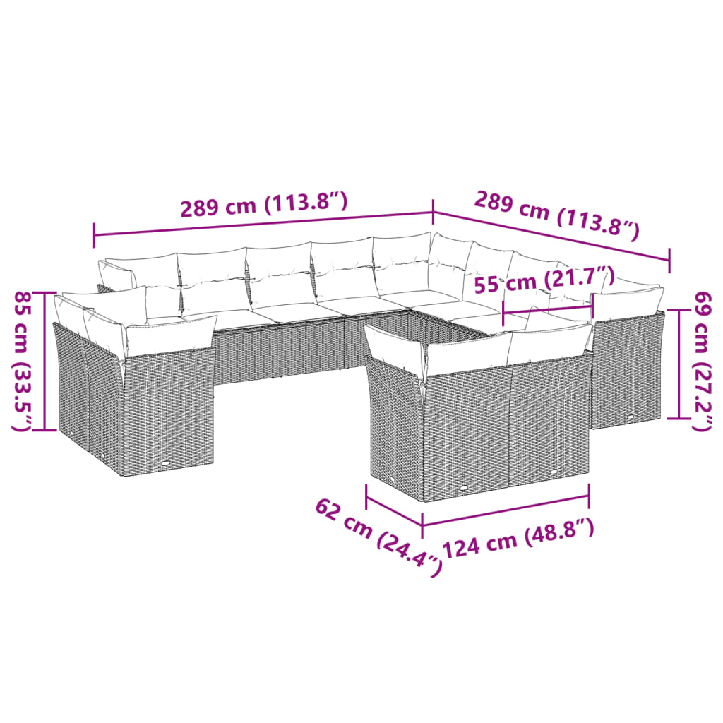 13-delige Loungeset met kussens poly rattan lichtgrijs