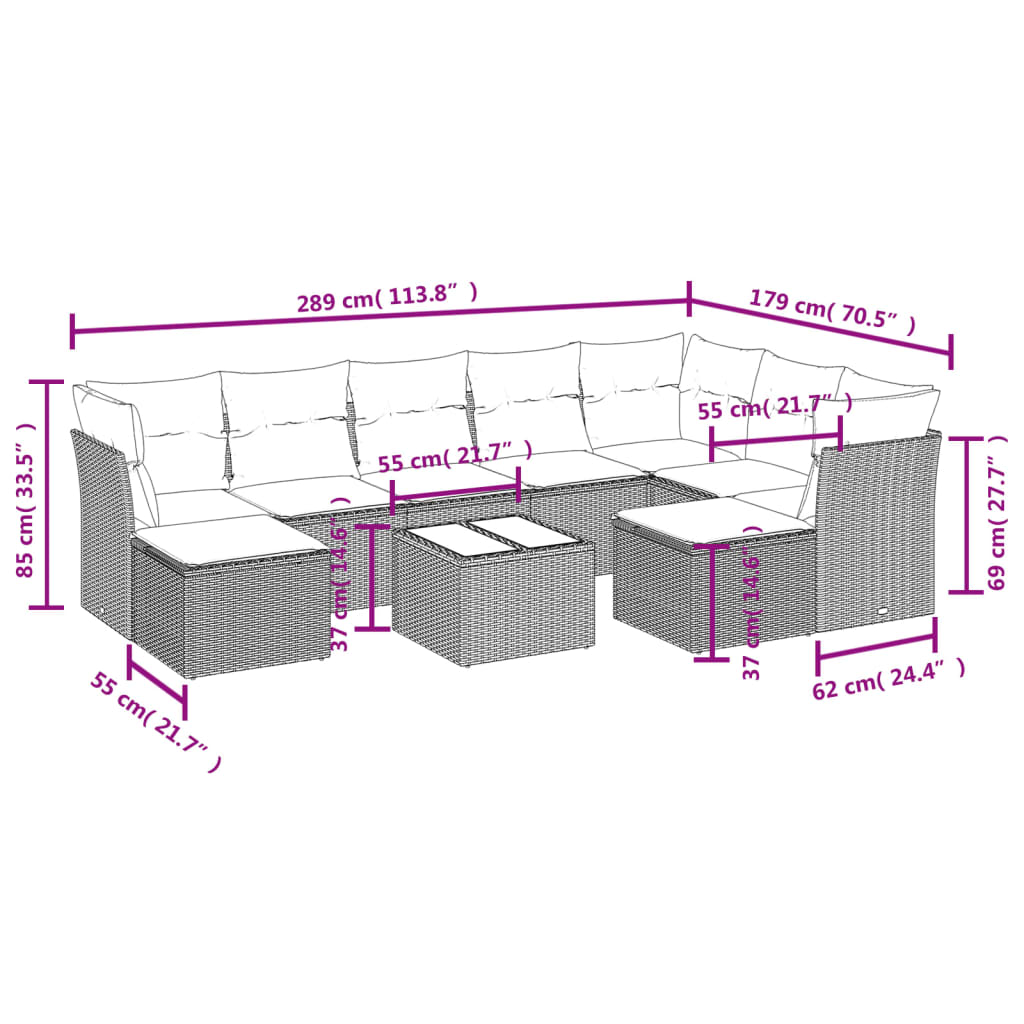 9-delige Loungeset met kussens poly rattan