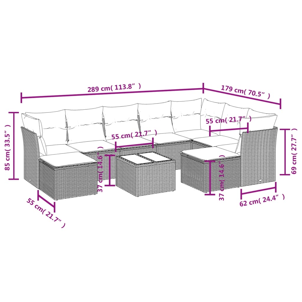 10-delige Loungeset met kussens poly rattan lichtgrijs