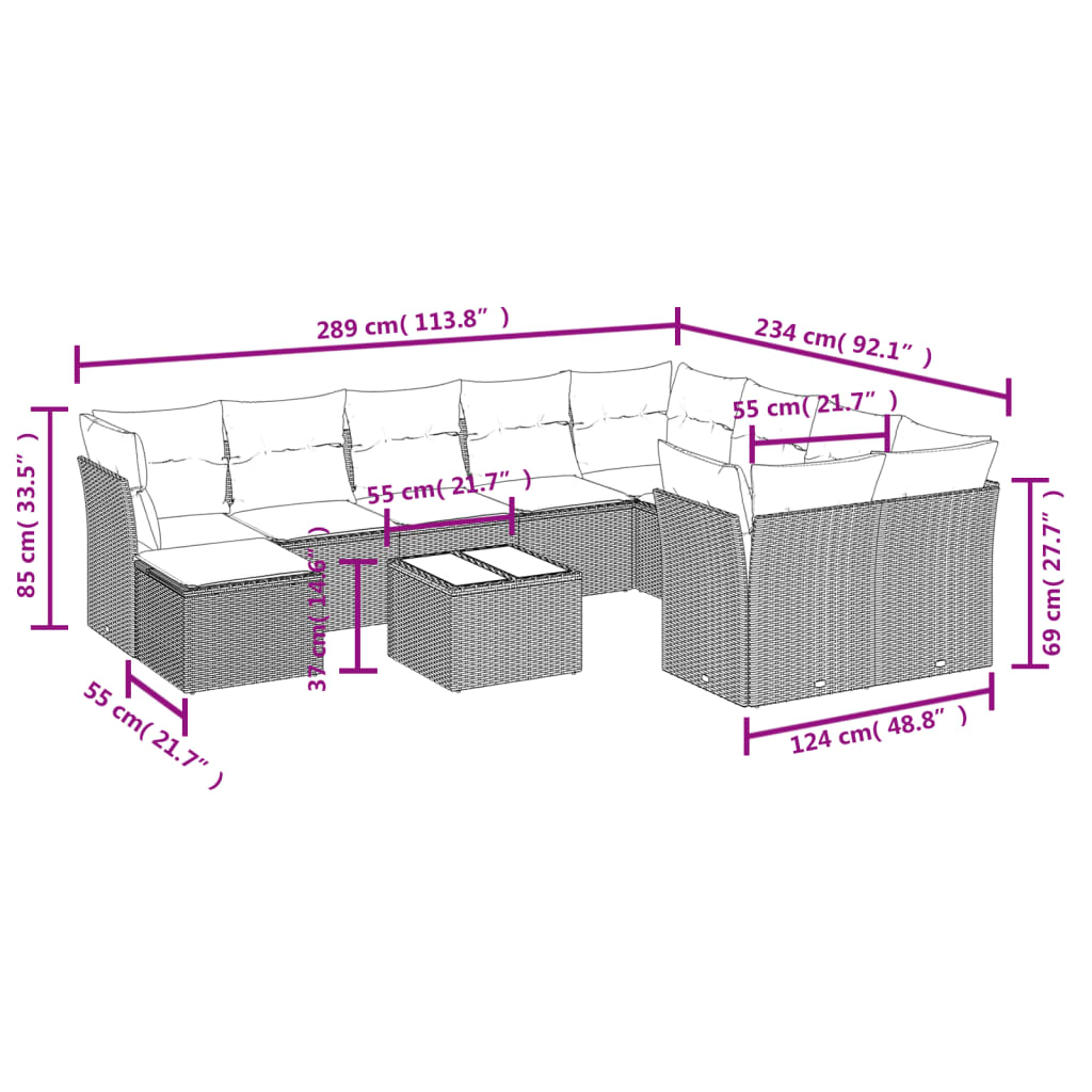 Ensemble de jardin 11 pièces avec coussins en polyrotin