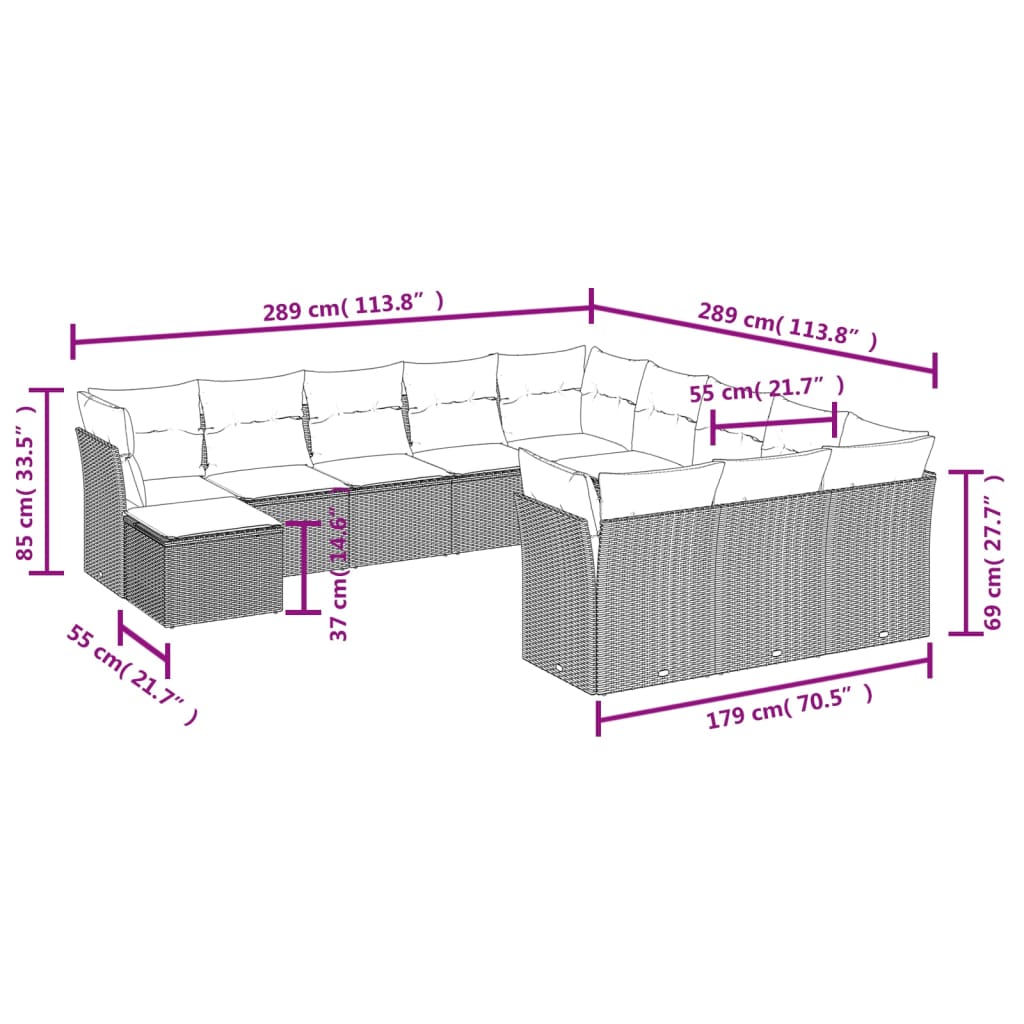 13-delige Loungeset met kussens poly rattan lichtgrijs