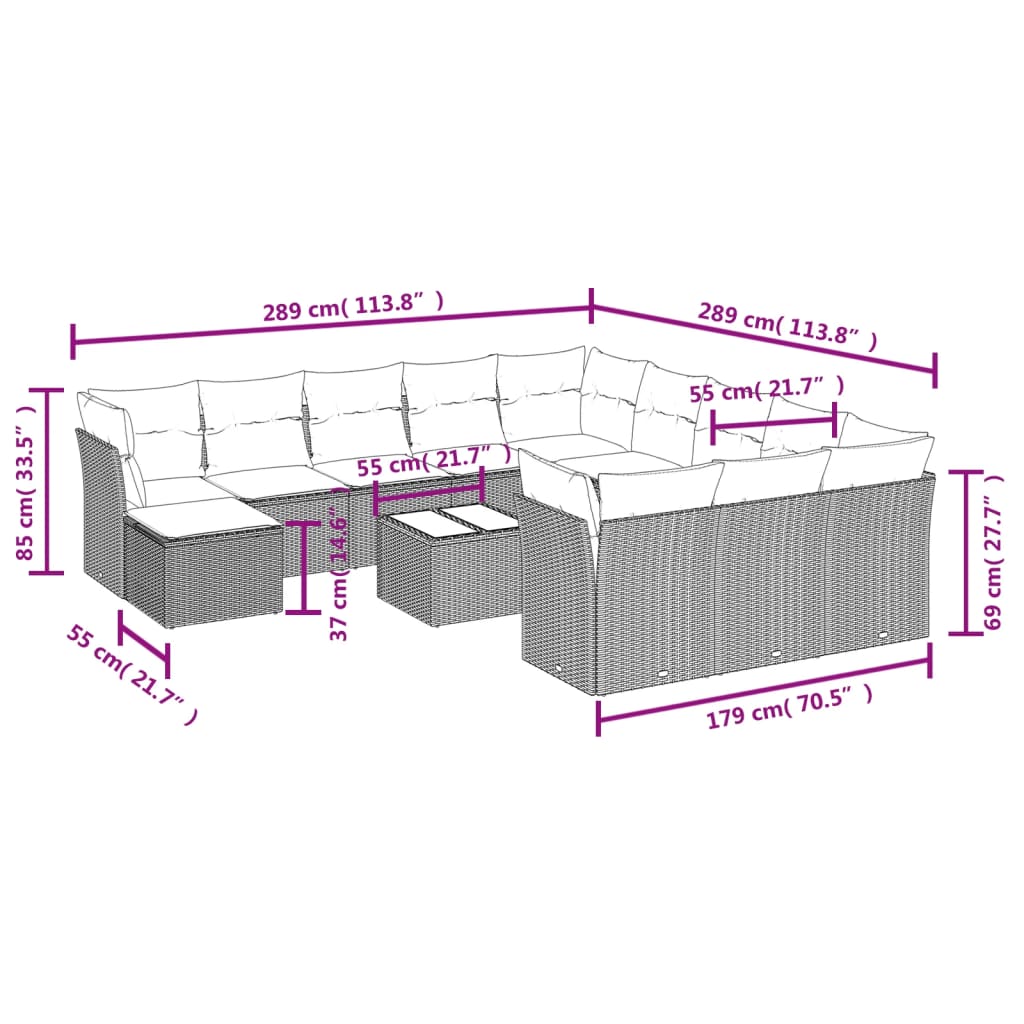 13-delige Loungeset met kussens poly rattan lichtgrijs