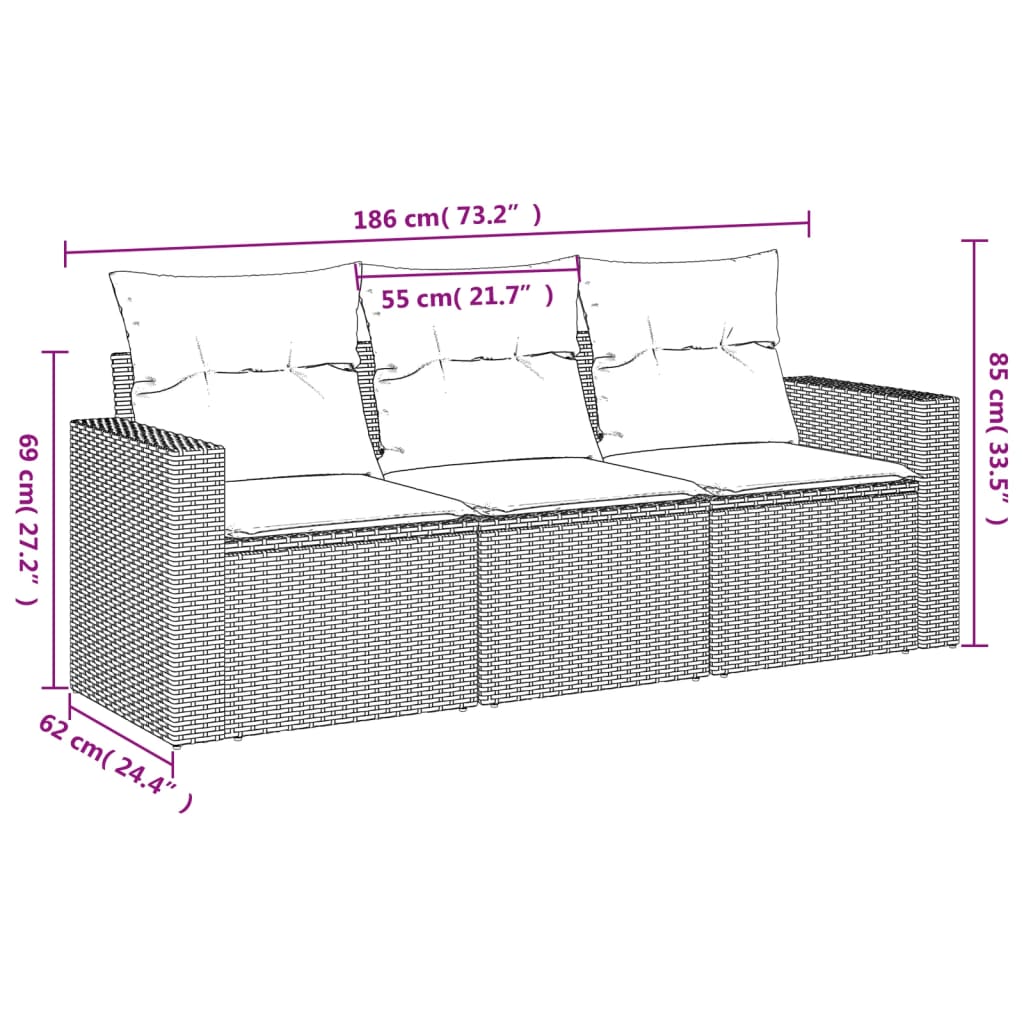 3-delige Loungeset met kussens poly rattan