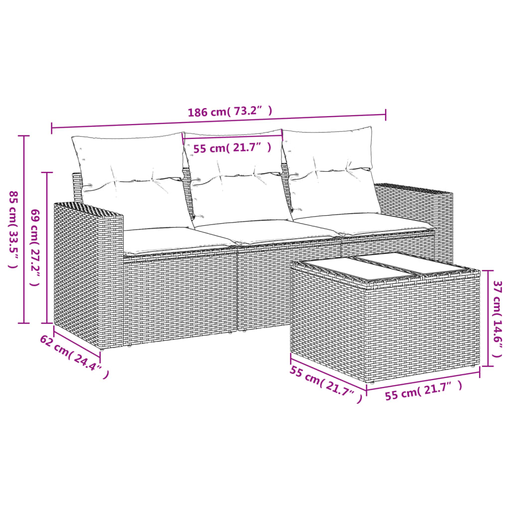 3-delige Loungeset met kussens poly rattan