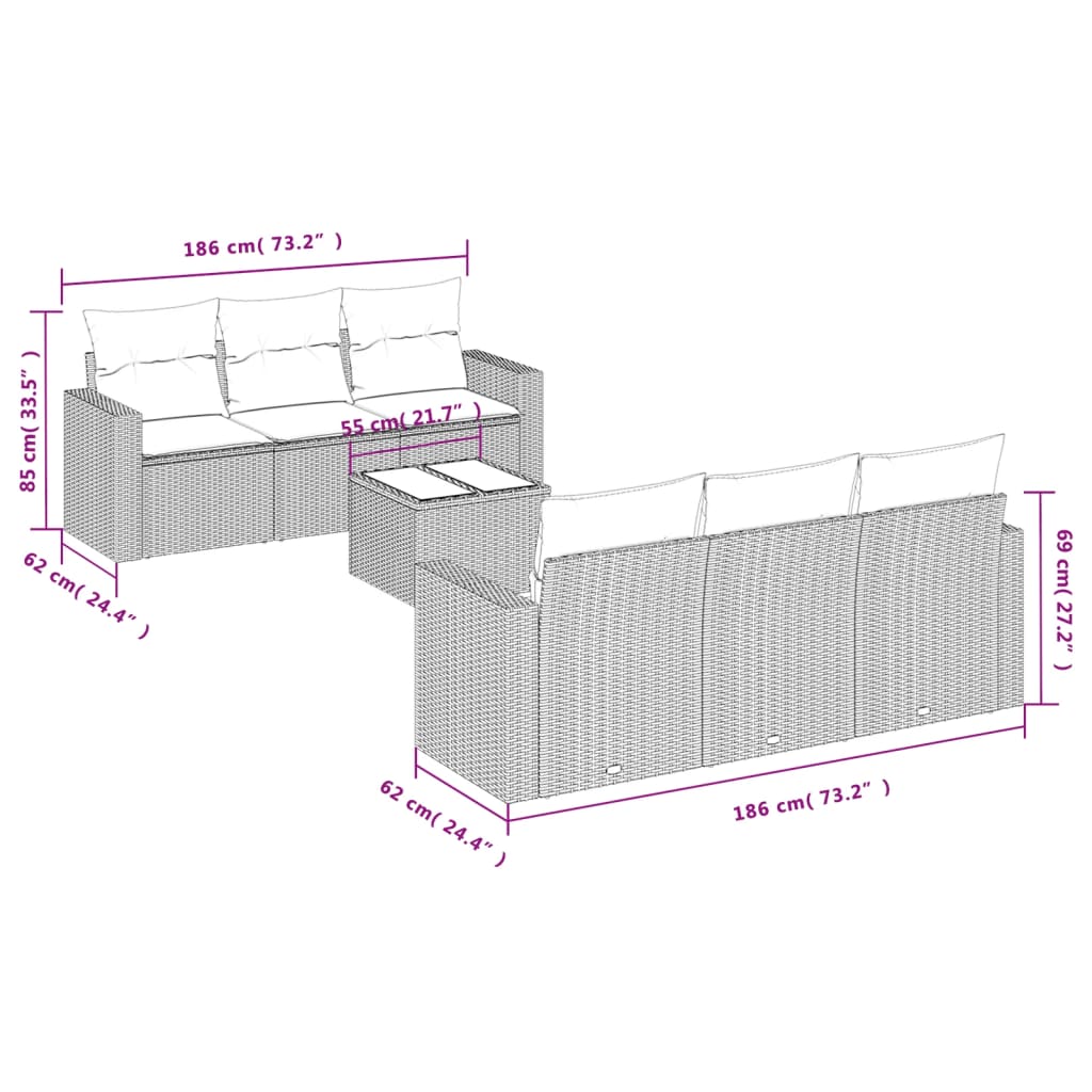 7-delige Loungeset met kussens poly rattan