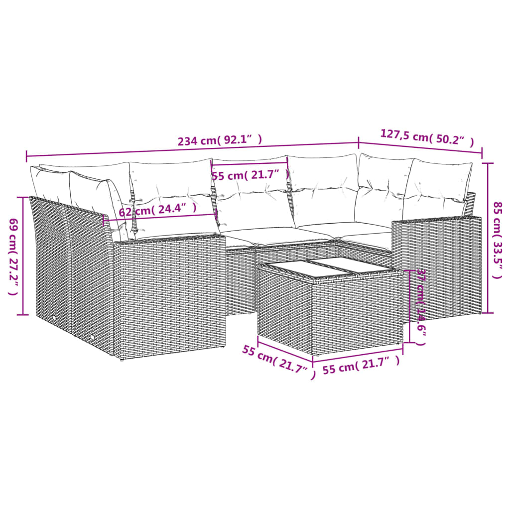 7-delige Loungeset met kussens poly rattan