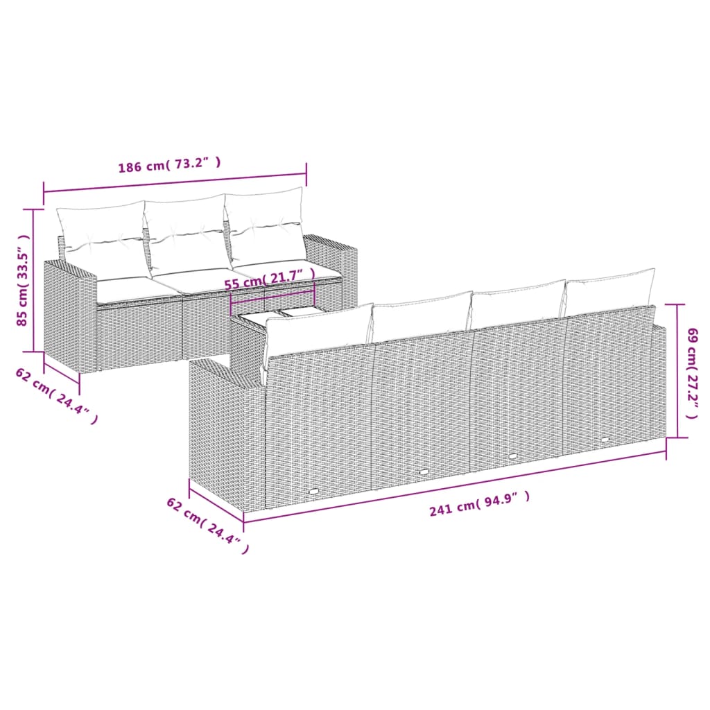 8-delige Loungeset met kussens poly rattan