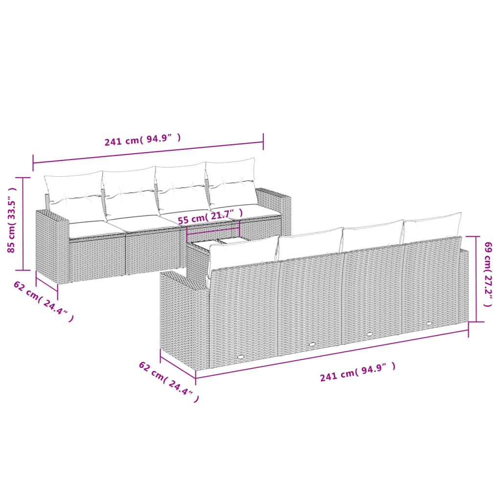 9-delige Loungeset met kussens poly rattan