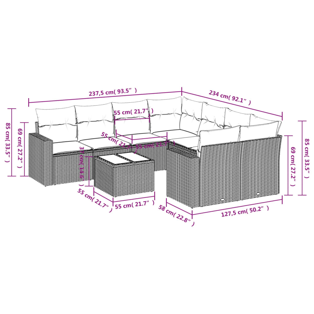 9-delige Loungeset met kussens poly rattan