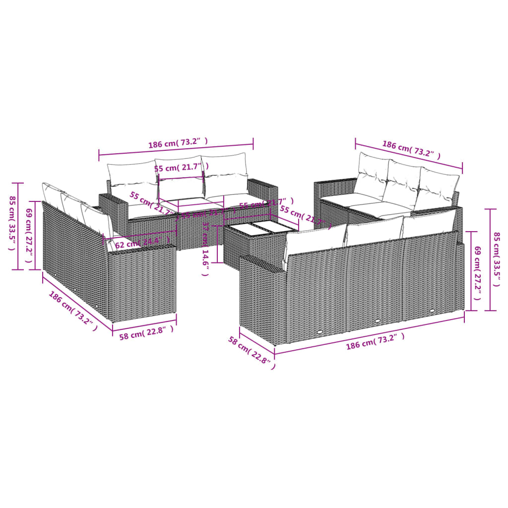 13-delige Loungeset met kussens poly rattan lichtgrijs