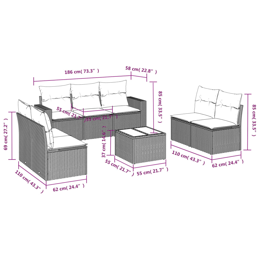 7-delige Loungeset met kussens poly rattan