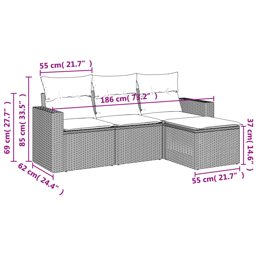 4-delige Loungeset met kussens poly rattan