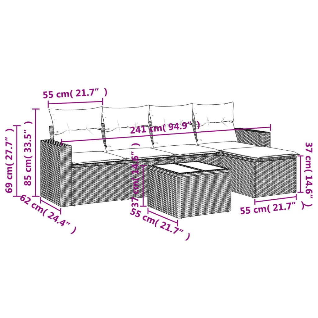 6-delige Loungeset met kussens poly rattan