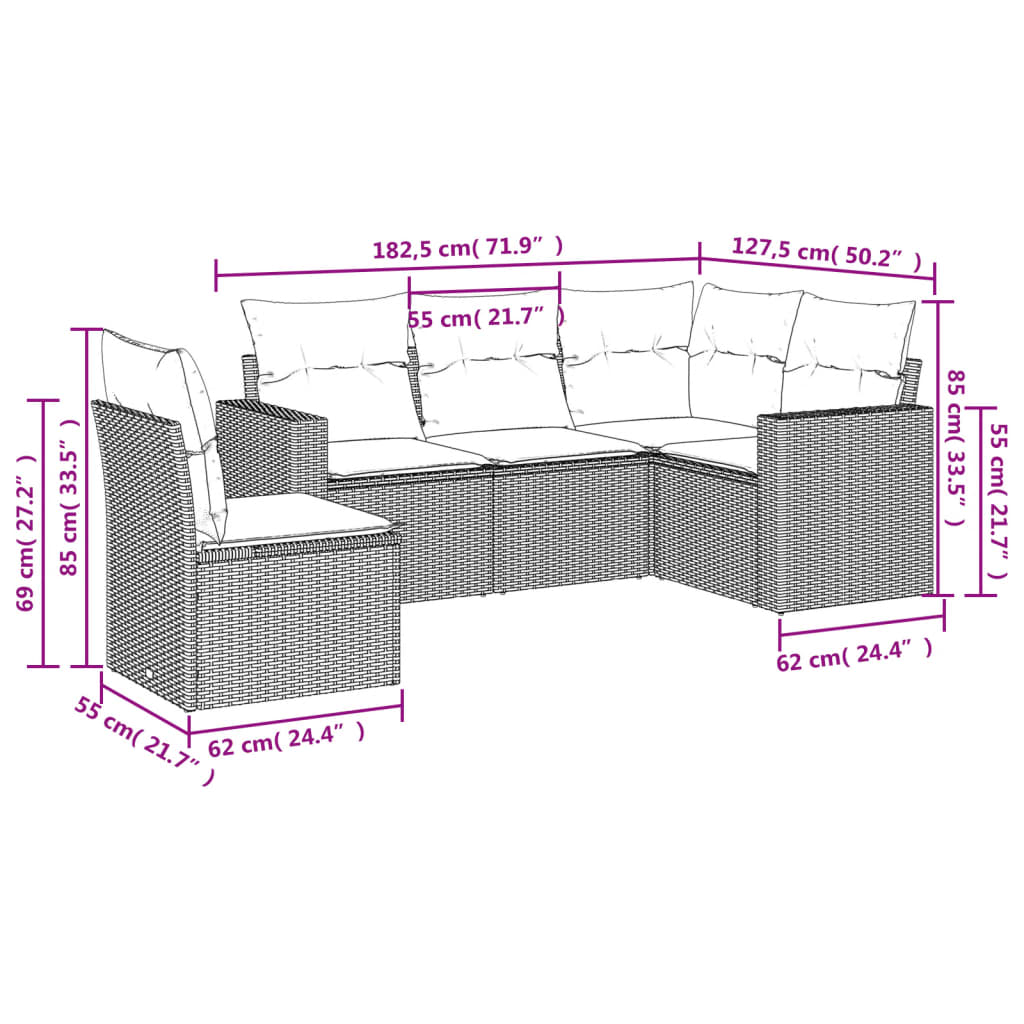 5-delige Loungeset met kussens poly rattan