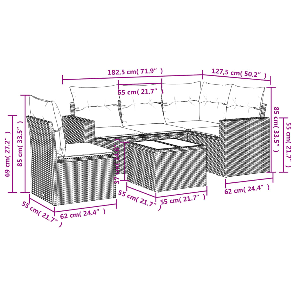 5-delige Loungeset met kussens poly rattan