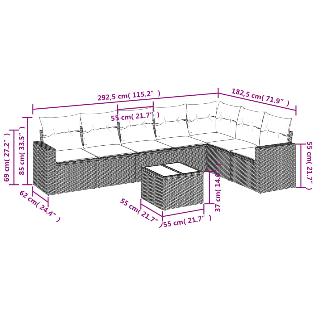 8-delige Loungeset met kussens poly rattan