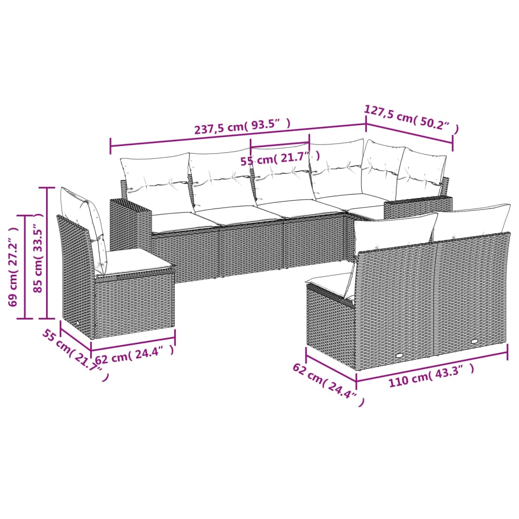 9-delige Loungeset met kussens poly rattan