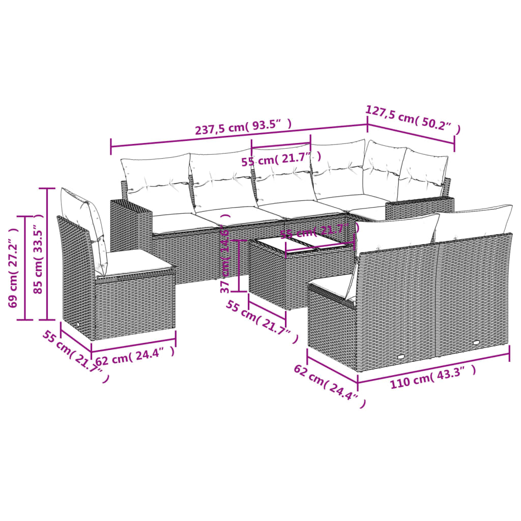 9-delige Loungeset met kussens poly rattan