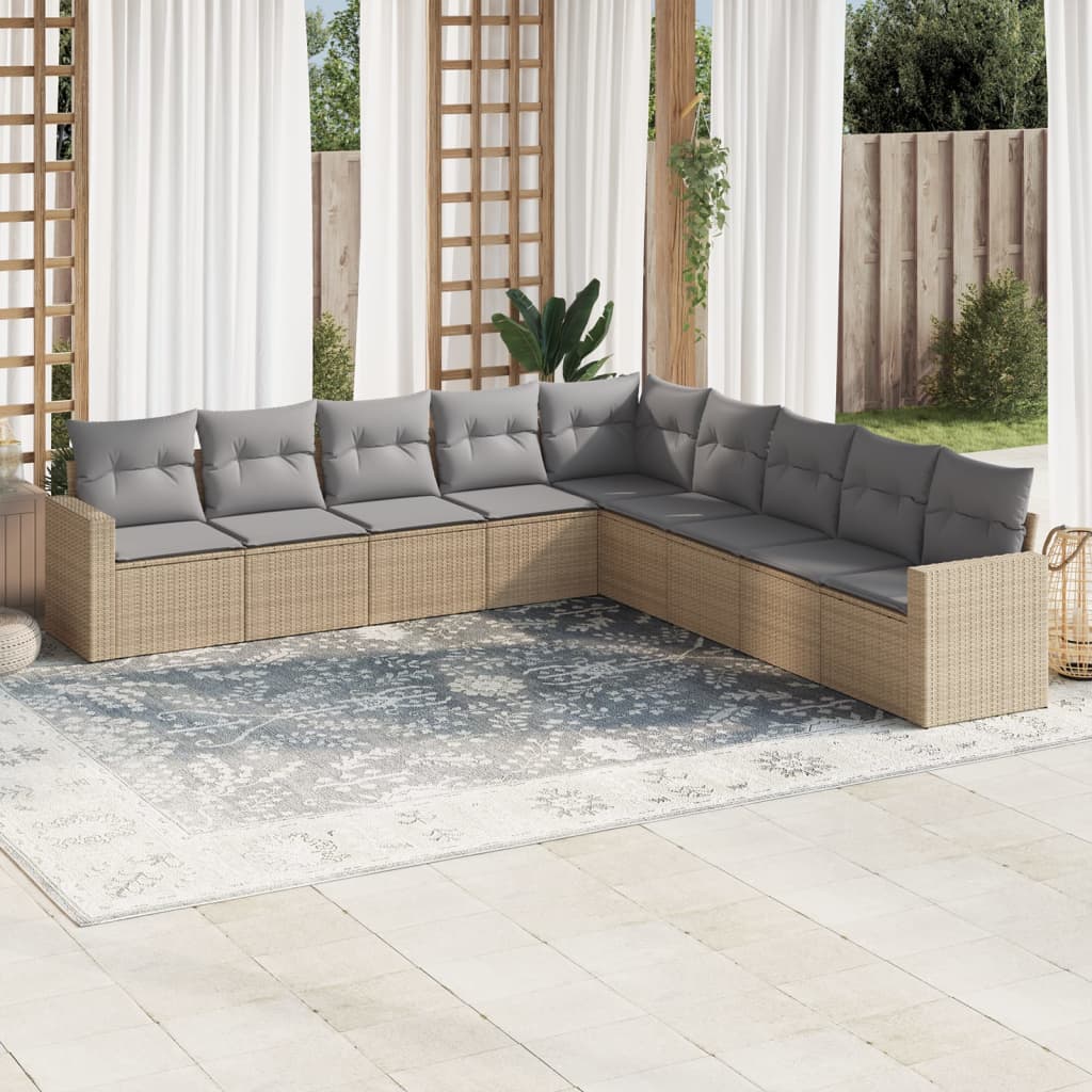 10-delige Loungeset met kussens poly rattan beige