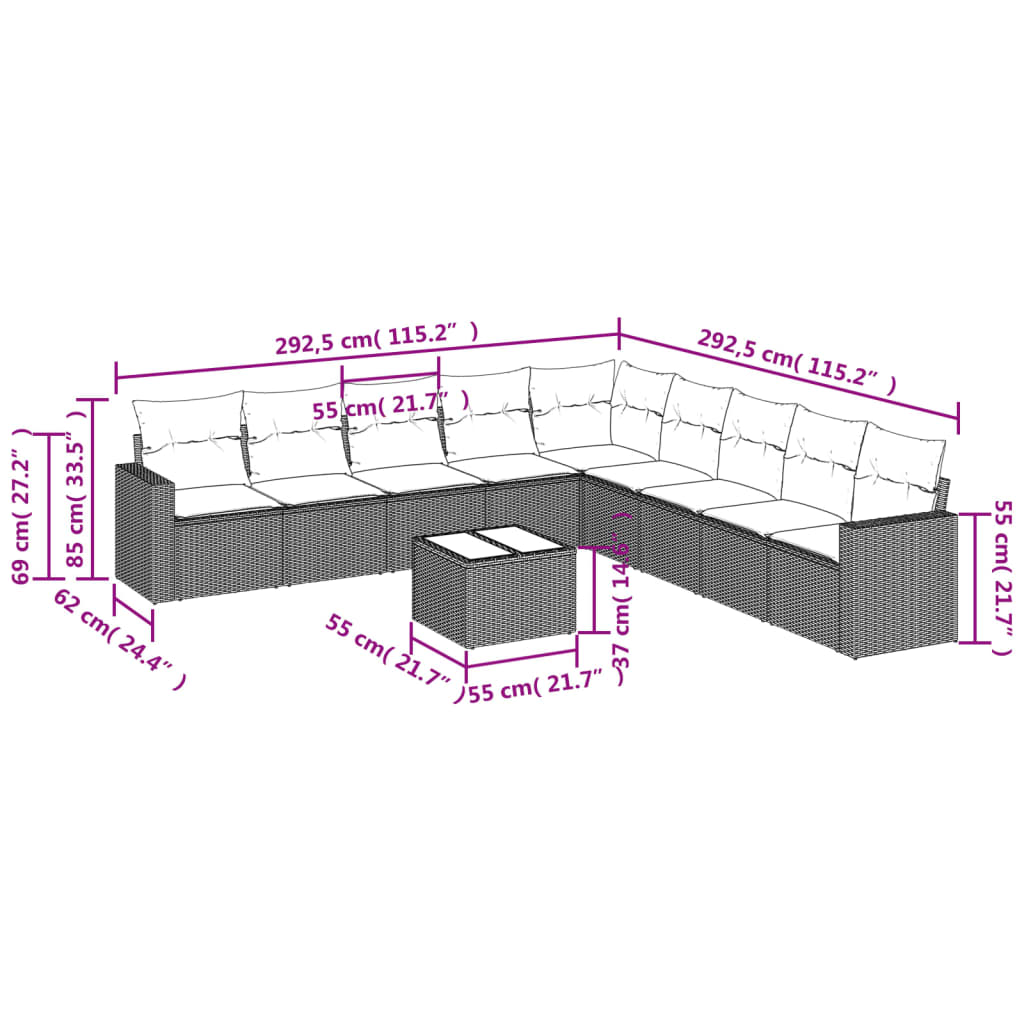 10-delige Loungeset met kussens poly rattan