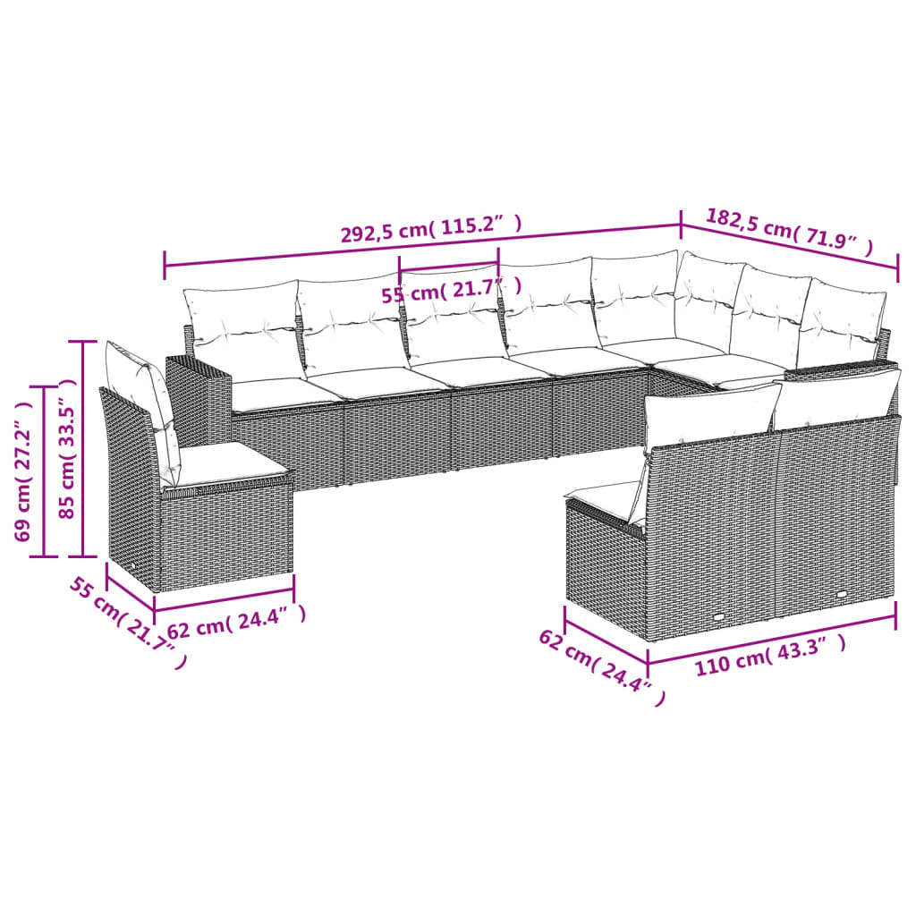 11-delige Loungeset met kussens poly rattan bruin