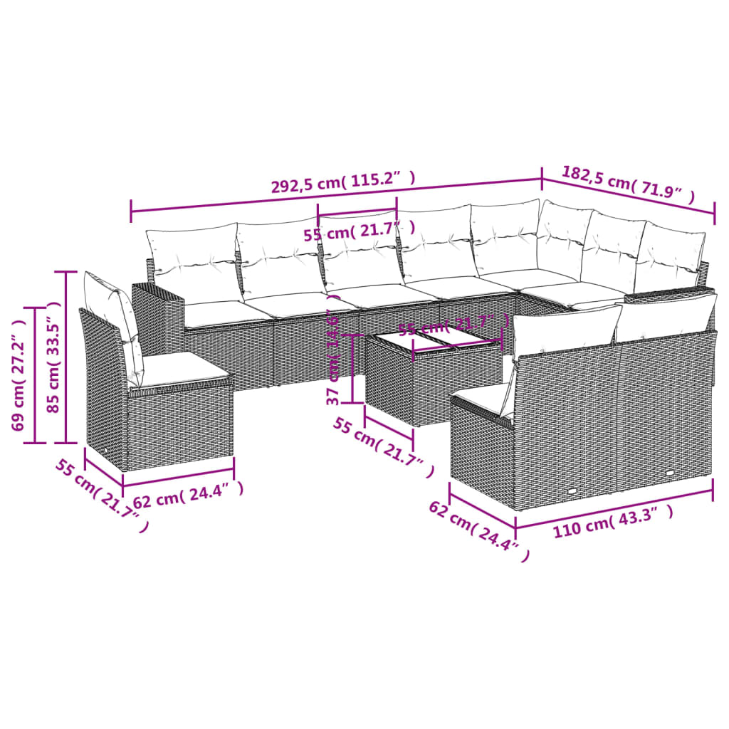 11-delige Loungeset met kussens poly rattan bruin