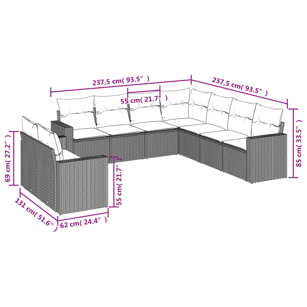 10-delige Loungeset met kussens poly rattan zwart