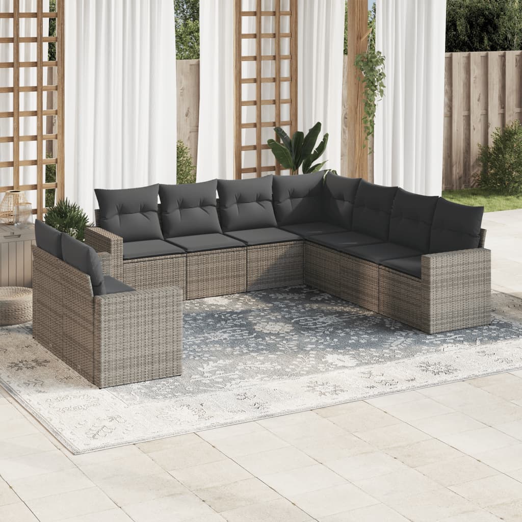 10-delige Loungeset met kussens poly rattan zwart