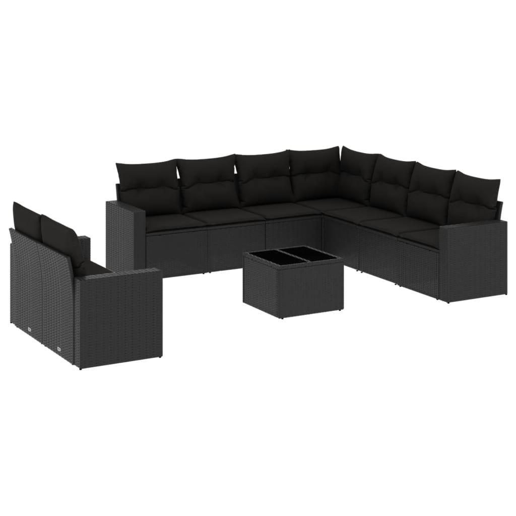 10-delige Loungeset met kussens poly rattan zwart