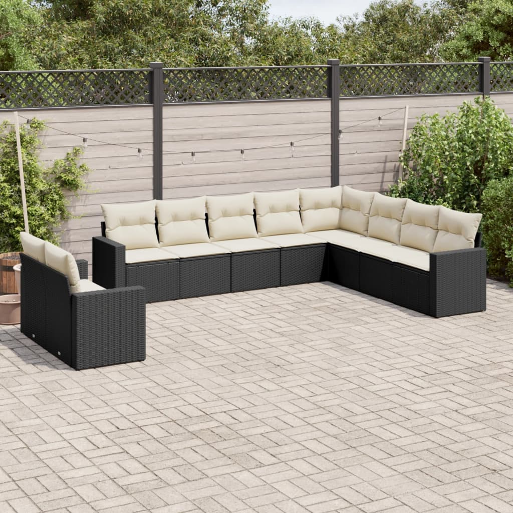 10-delige Loungeset met kussens poly rattan zwart