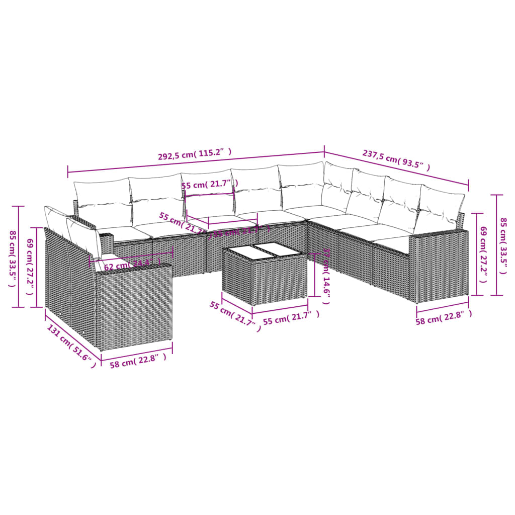 10-delige Loungeset met kussens poly rattan