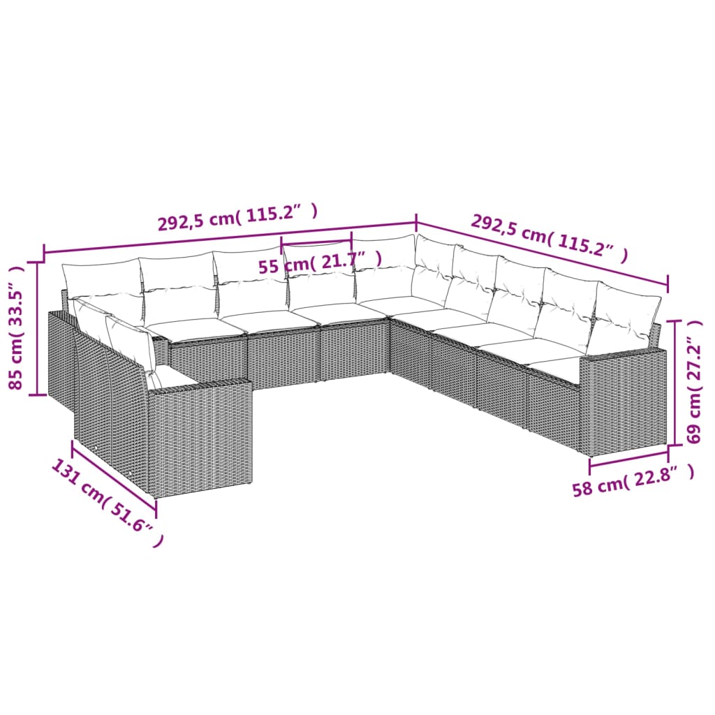 12-delige Loungeset met kussens poly rattan beige