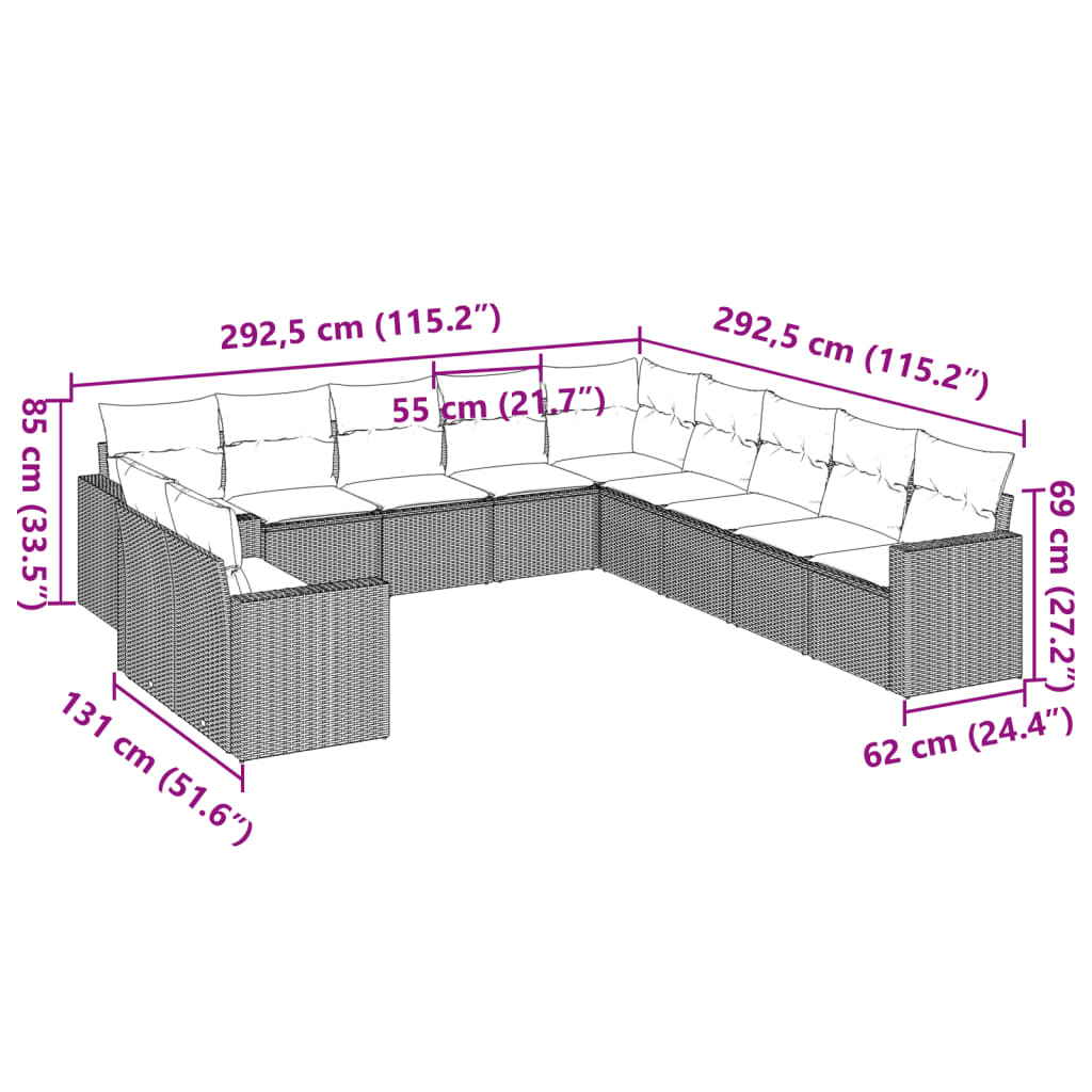 12-delige Loungeset met kussens poly rattan beige