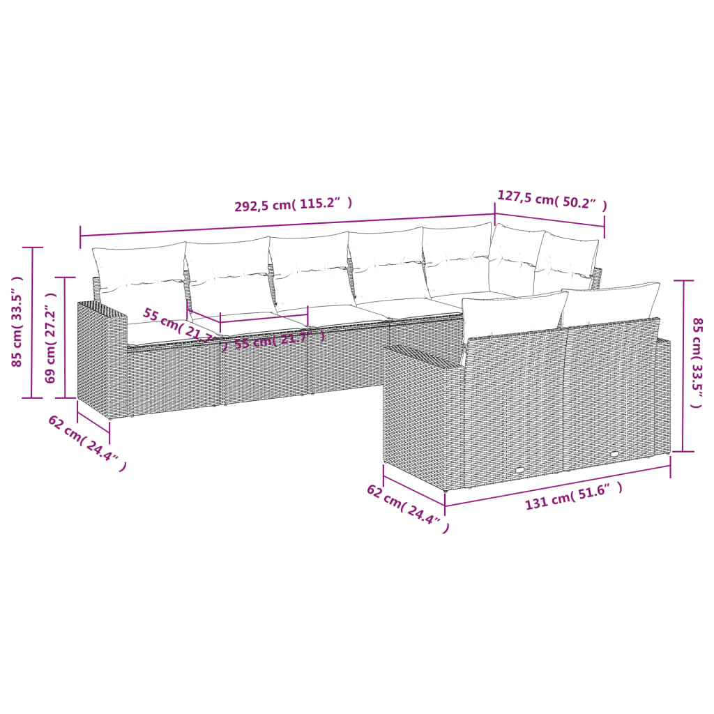 9-delige Loungeset met kussens poly rattan