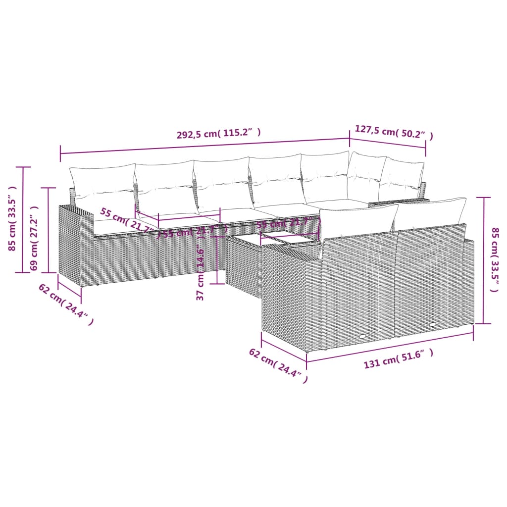 9-delige Loungeset met kussens poly rattan