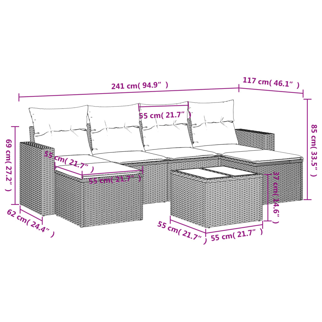 6-delige Loungeset met kussens poly rattan