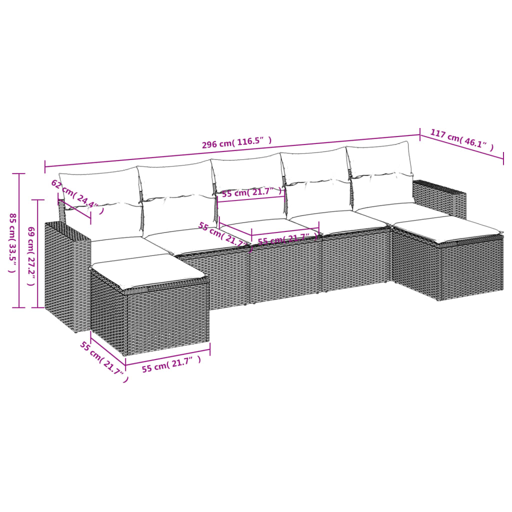 7-delige Loungeset met kussens poly rattan