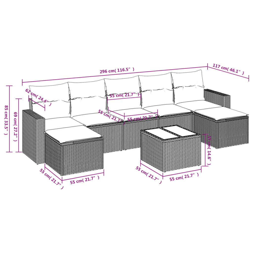 7-delige Loungeset met kussens poly rattan