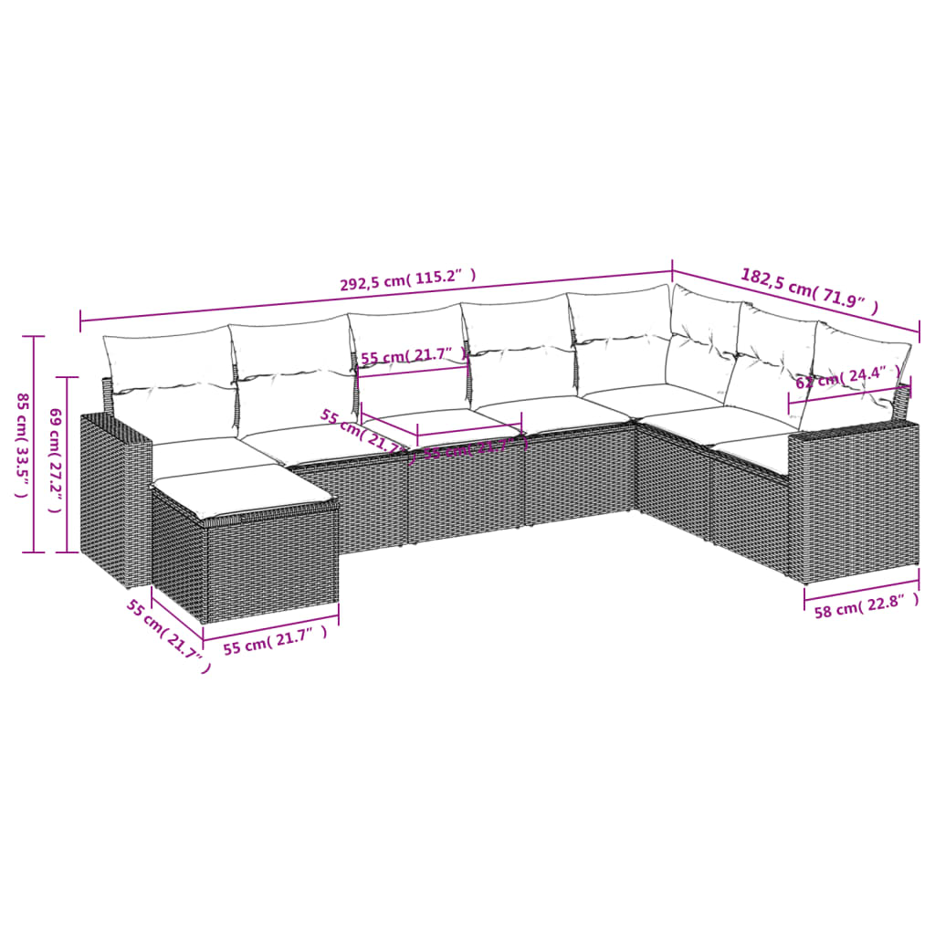 9-delige Loungeset met kussens poly rattan