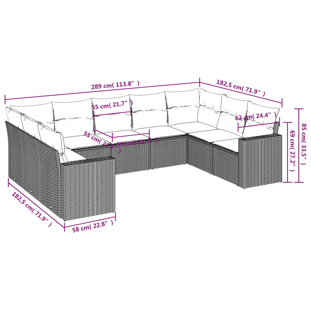 9-delige Loungeset met kussens poly rattan