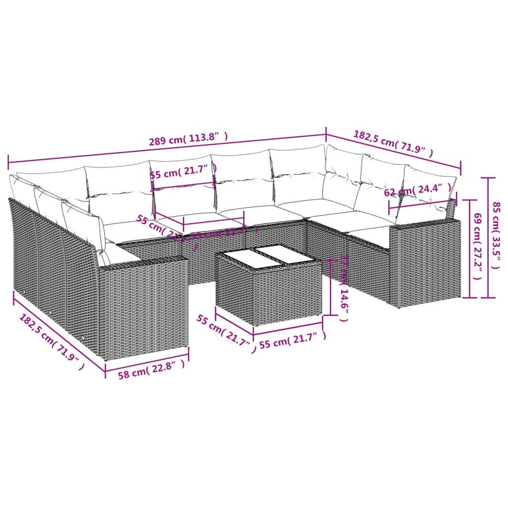 9-delige Loungeset met kussens poly rattan