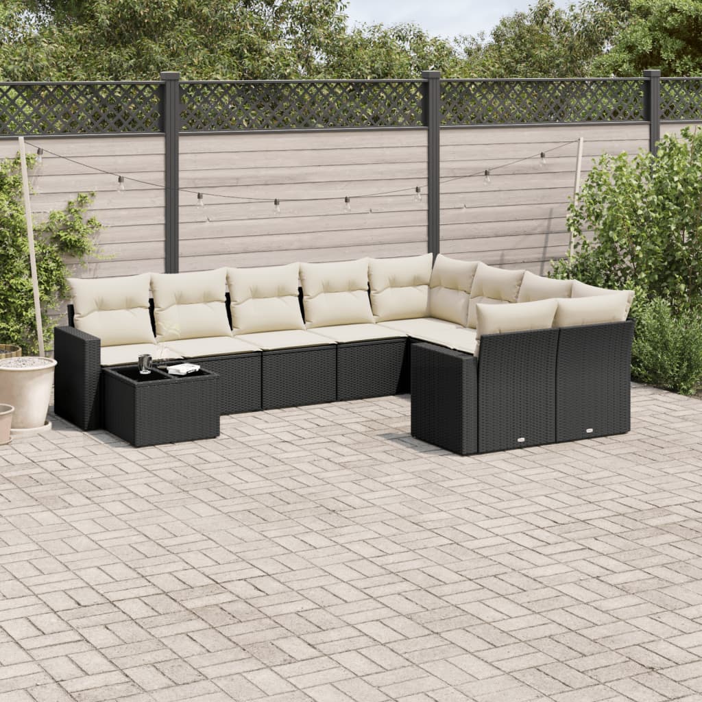 10-delige Loungeset met kussens poly rattan zwart