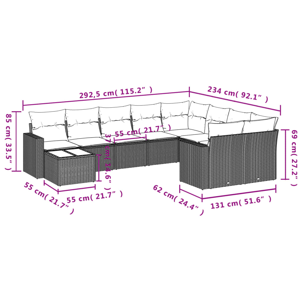 10-delige Loungeset met kussens poly rattan grijs