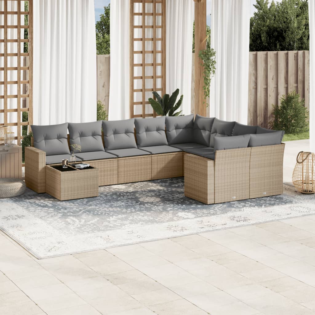 10-delige Loungeset met kussens poly rattan grijs