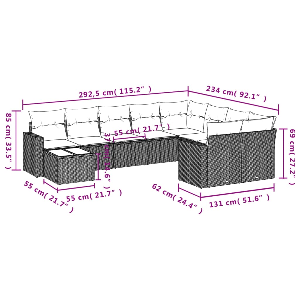 10-delige Loungeset met kussens poly rattan bruin