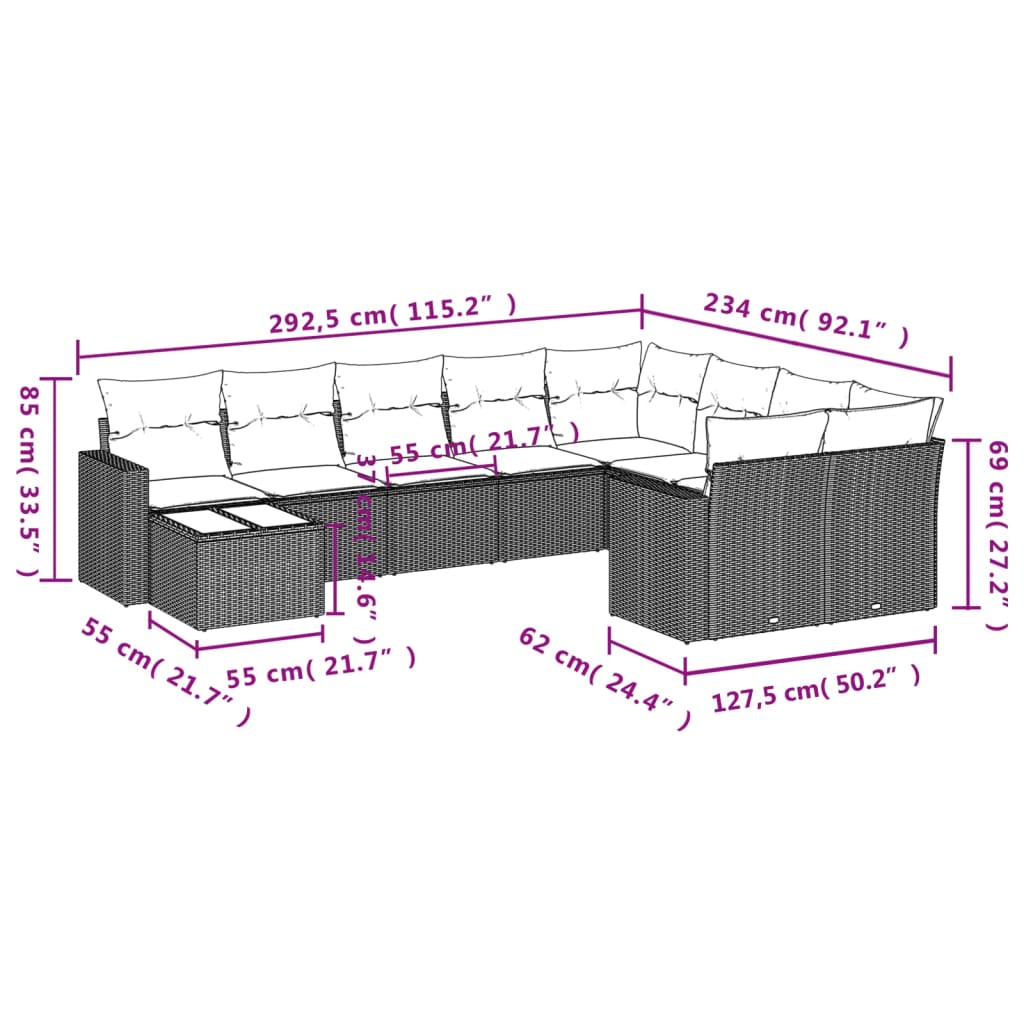 10-delige Loungeset met kussens poly rattan lichtgrijs