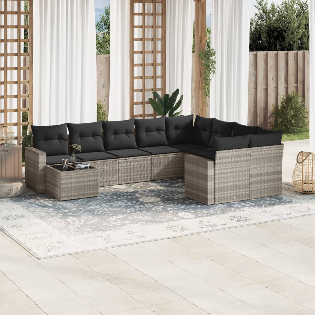 10-delige Loungeset met kussens poly rattan grijs